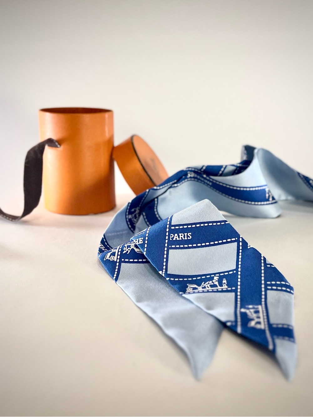 Hermès Silk Twilly Ribbon Scarf “Bolduc” BLUE, Made in France w/ Case
